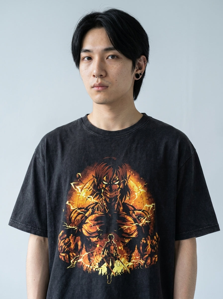 Unisex Vintage Japanese Style T-Shirt (One Piece) on male model — washed black t-shirt front view | Tempus Arc premium anime streetwear