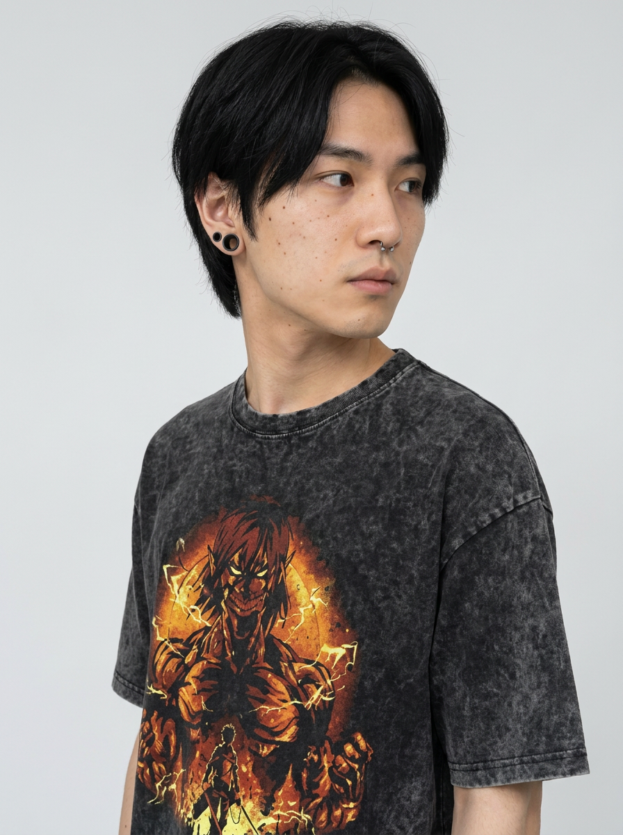Unisex Vintage Japanese Style T-Shirt (One Piece) side view on model — oversized washed cotton t-shirt | Tempus Arc premium anime streetwear