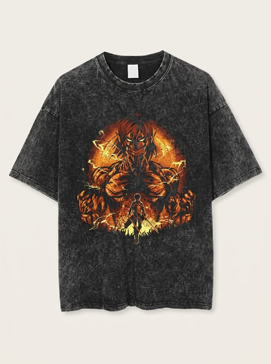 Unisex Vintage Japanese Style T-Shirt (One Piece) flat lay front view — washed black oversized t-shirt | Tempus Arc premium anime streetwear