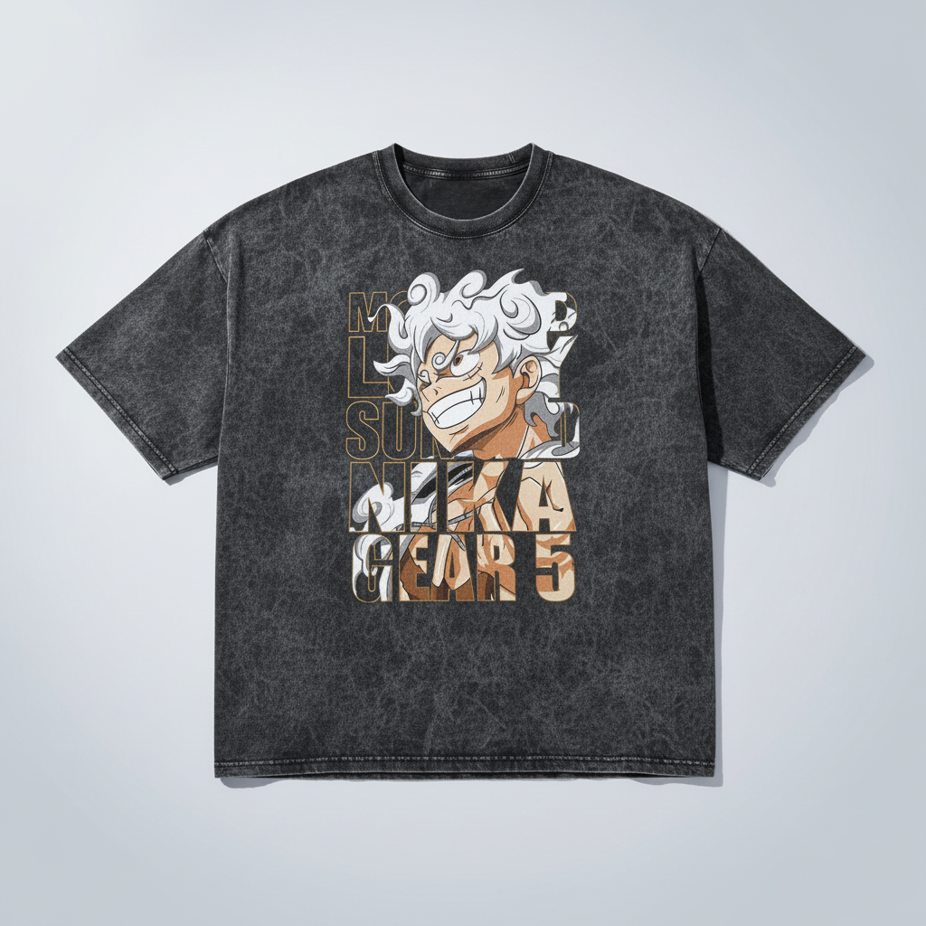 Unisex Vintage Sun God Short Sleeve T-Shirt (One Piece) flat lay — washed black oversized anime t-shirt | Tempus Arc premium anime streetwear