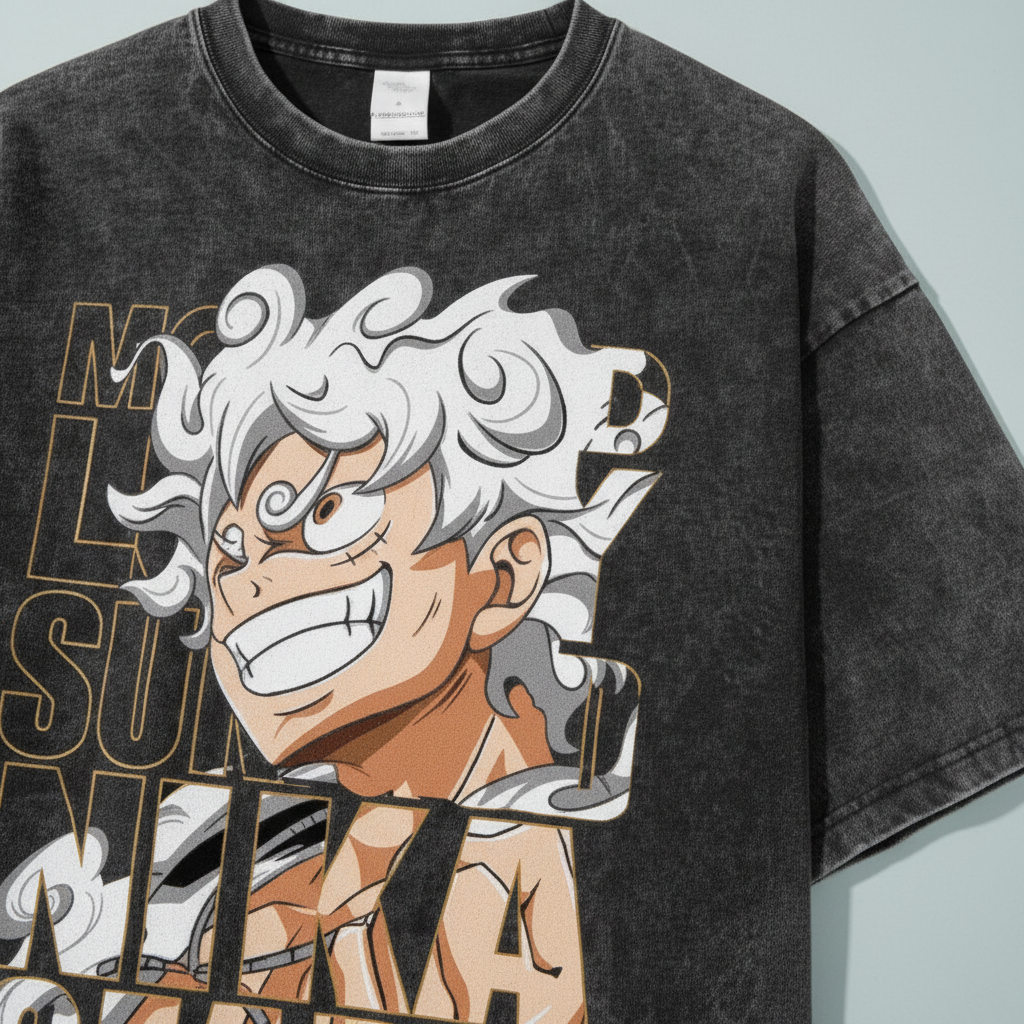 Unisex Vintage Sun God Short Sleeve T-Shirt (One Piece) print detail close-up — vintage washed mineral cotton | Tempus Arc premium anime streetwear
