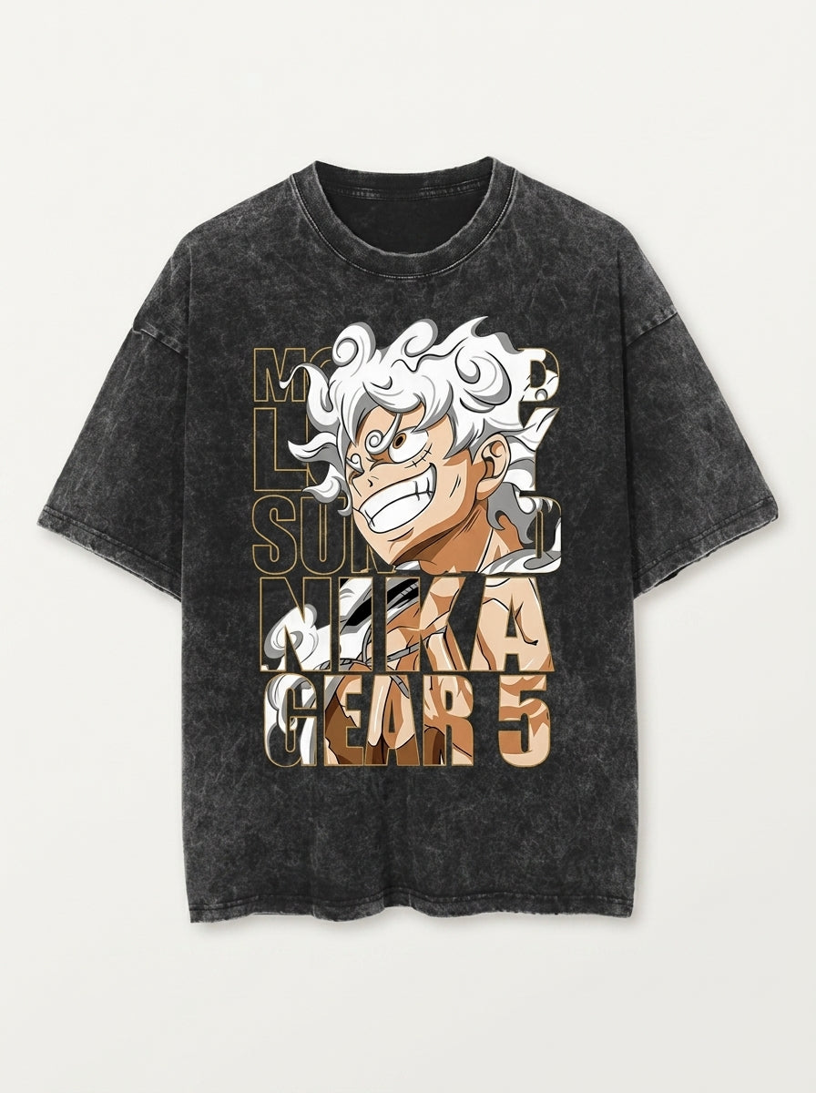 Unisex Vintage Sun God Short Sleeve T-Shirt (One Piece) flat lay front view — washed black oversized t-shirt | Tempus Arc premium anime streetwear