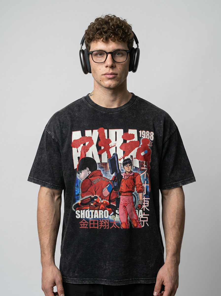 Vintage Akira T-shirt - New Tokyo Anime Series (One Piece) on male model — washed black t-shirt front view | Tempus Arc premium anime streetwear