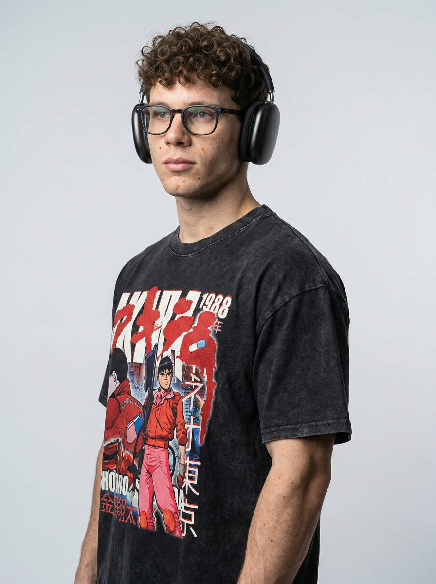 Vintage Akira T-shirt - New Tokyo Anime Series (One Piece) side view on model — oversized washed cotton t-shirt | Tempus Arc premium anime streetwear