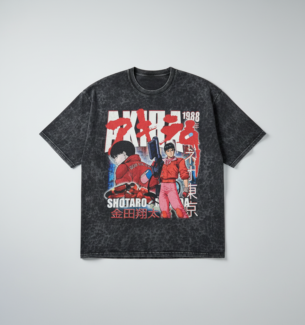 Vintage Akira T-shirt - New Tokyo Anime Series (One Piece) flat lay — washed black oversized anime t-shirt | Tempus Arc premium anime streetwear