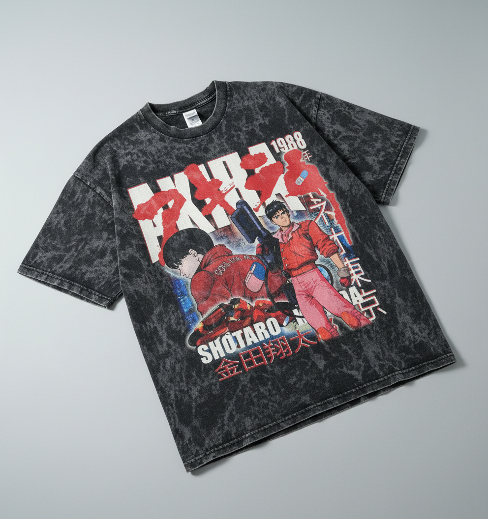 Vintage Akira T-shirt - New Tokyo Anime Series (One Piece) angle perspective shot — vintage washed cotton t-shirt | Tempus Arc premium anime streetwear