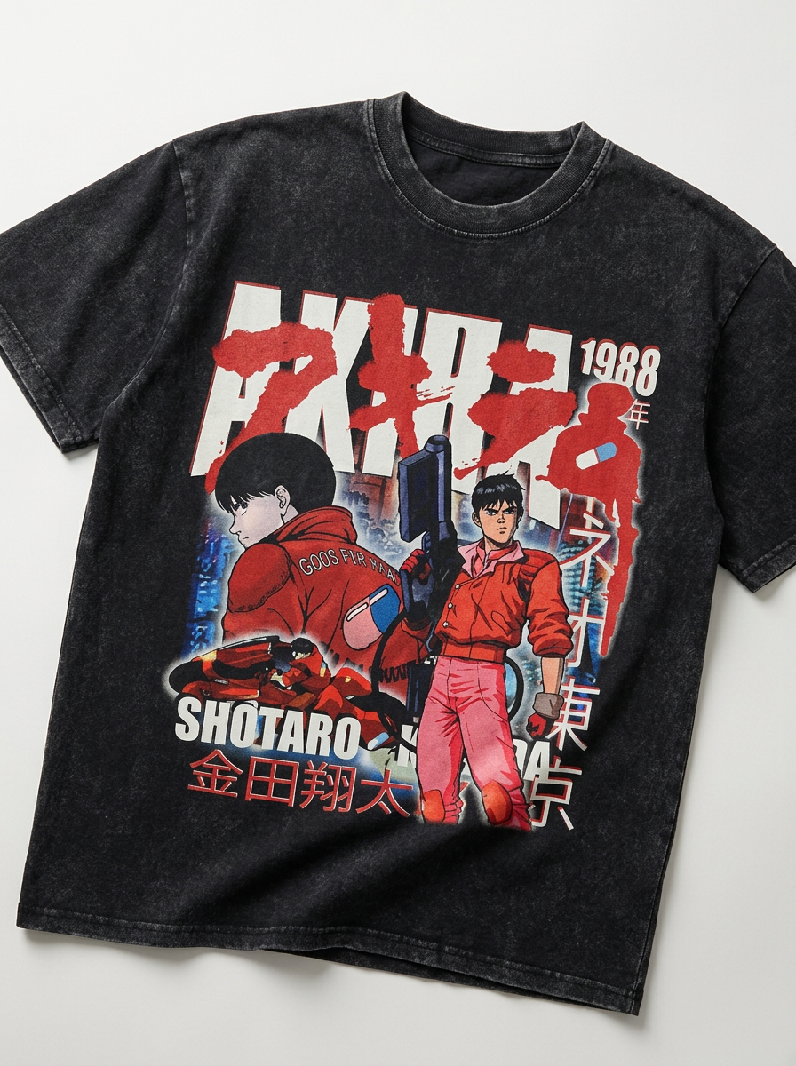 Vintage Akira T-shirt - New Tokyo Anime Series (One Piece) angle perspective shot — washed cotton t-shirt | Tempus Arc premium anime streetwear