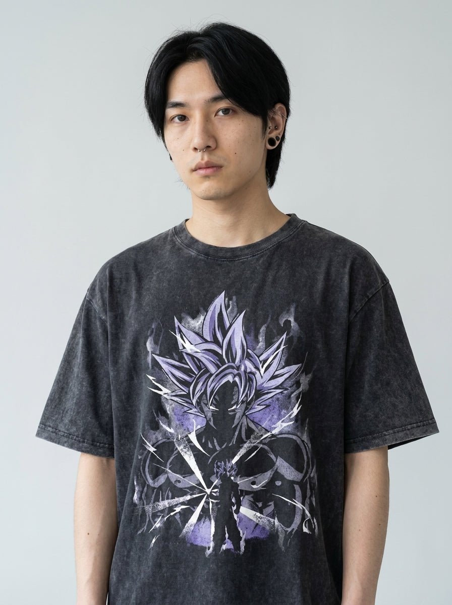 Vintage Dragon Ball Print Hoodie for Men and Women on male model — washed black hoodie front view | Tempus Arc premium anime streetwear