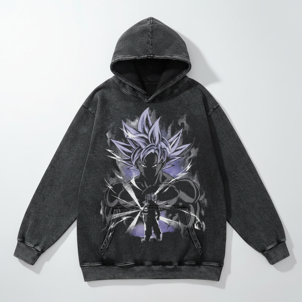 Vintage Dragon Ball Print Hoodie for Men and Women flat lay — washed black oversized anime hoodie | Tempus Arc premium anime streetwear