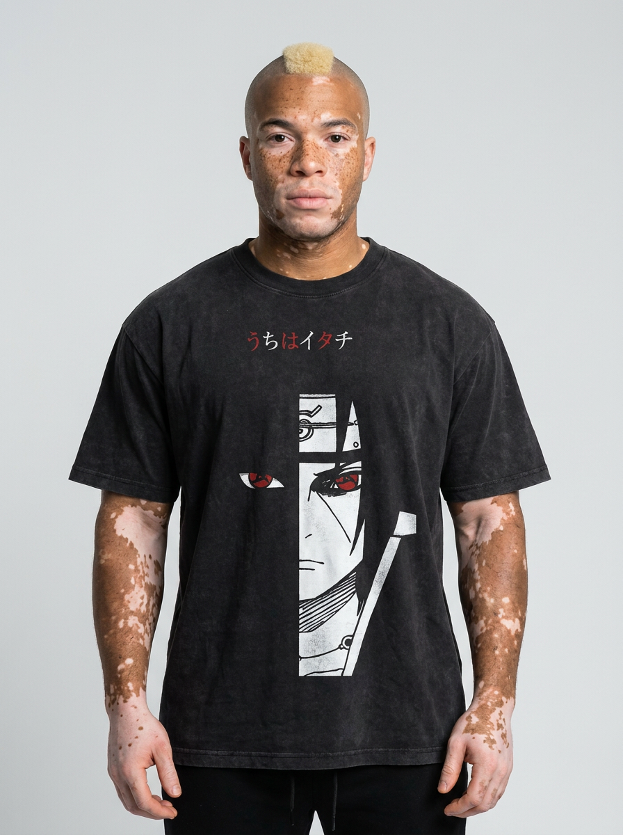 Vintage Oversized Itachi T-Shirt (One Piece) on male model — washed black t-shirt front view | Tempus Arc premium anime streetwear