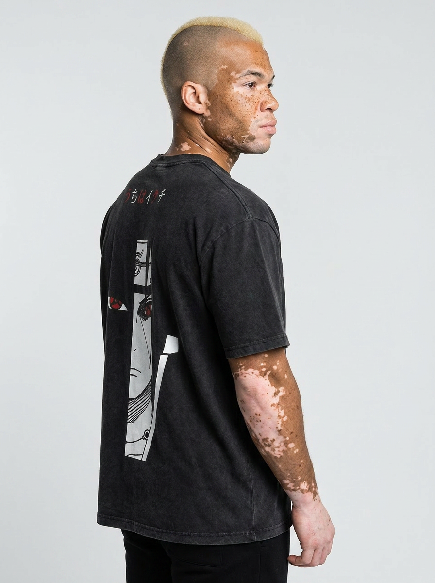Vintage Oversized Itachi T-Shirt (One Piece) side view on model — oversized washed cotton t-shirt | Tempus Arc premium anime streetwear