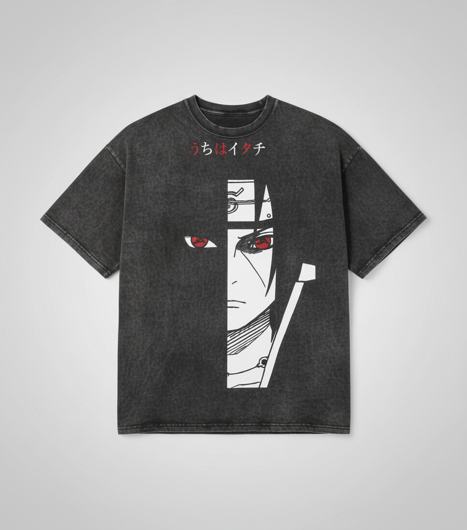 Vintage Oversized Itachi T-Shirt (One Piece) flat lay — washed black oversized anime t-shirt | Tempus Arc premium anime streetwear