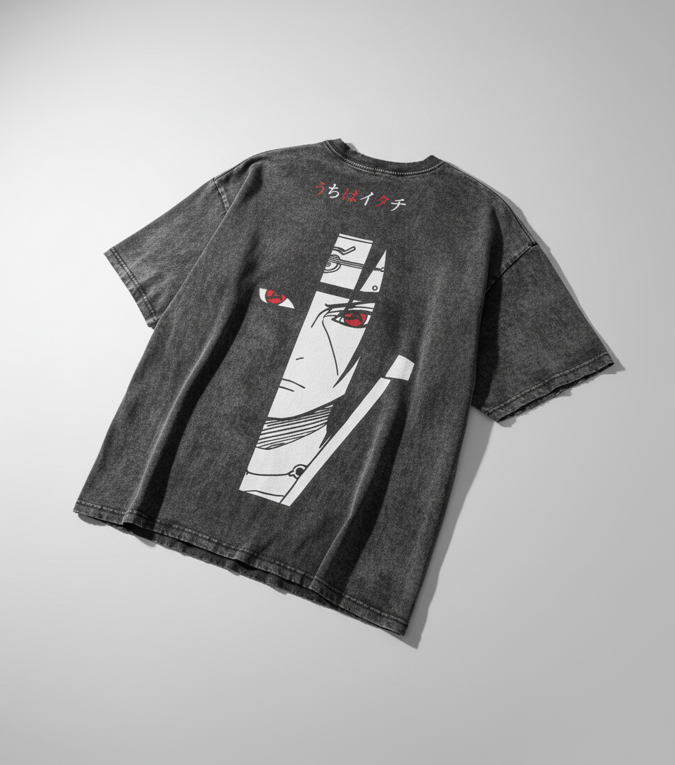 Vintage Oversized Itachi T-Shirt (One Piece) angle perspective shot — vintage washed cotton t-shirt | Tempus Arc premium anime streetwear