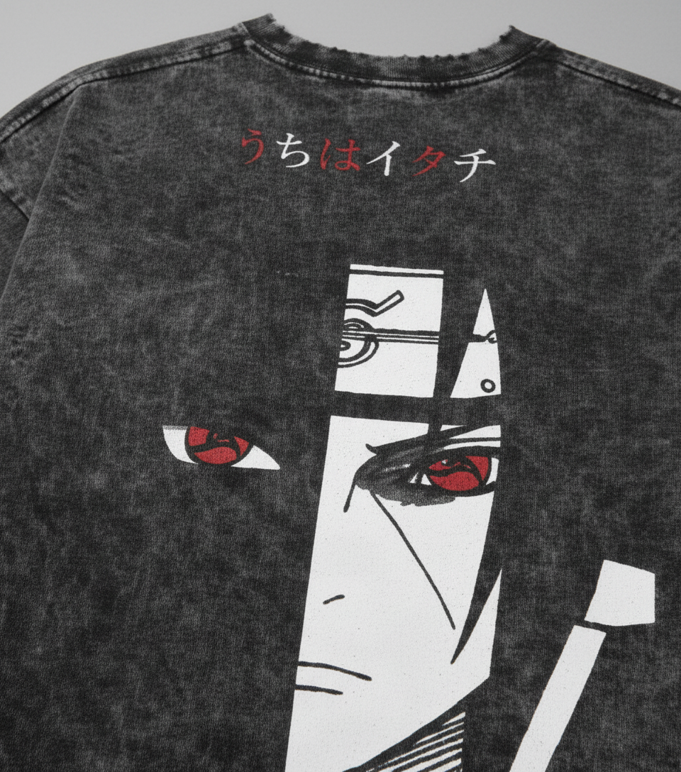 Vintage Oversized Itachi T-Shirt (One Piece) print detail close-up — vintage washed mineral cotton | Tempus Arc premium anime streetwear