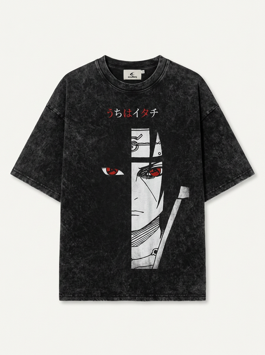 Vintage Oversized Itachi T-Shirt (One Piece) flat lay front view — washed black oversized t-shirt | Tempus Arc premium anime streetwear