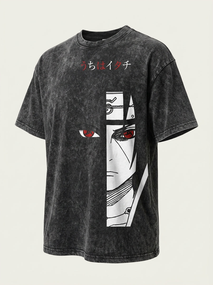 Vintage Oversized Itachi T-Shirt (One Piece) angle perspective shot — washed cotton t-shirt | Tempus Arc premium anime streetwear