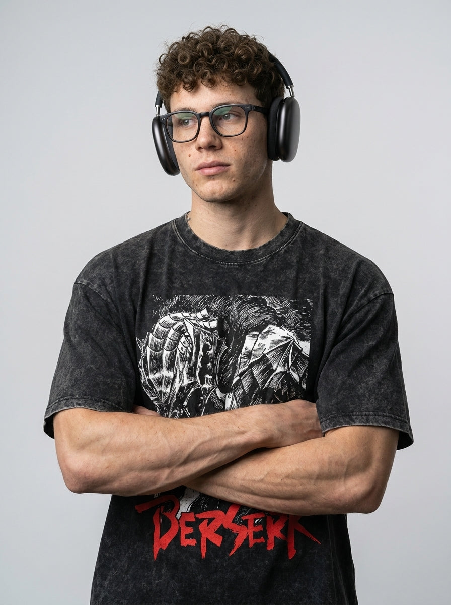 Vintage Oversized Jujutsu Kaisen Graphic Tee on model arms crossed — washed black t-shirt | Tempus Arc premium anime streetwear