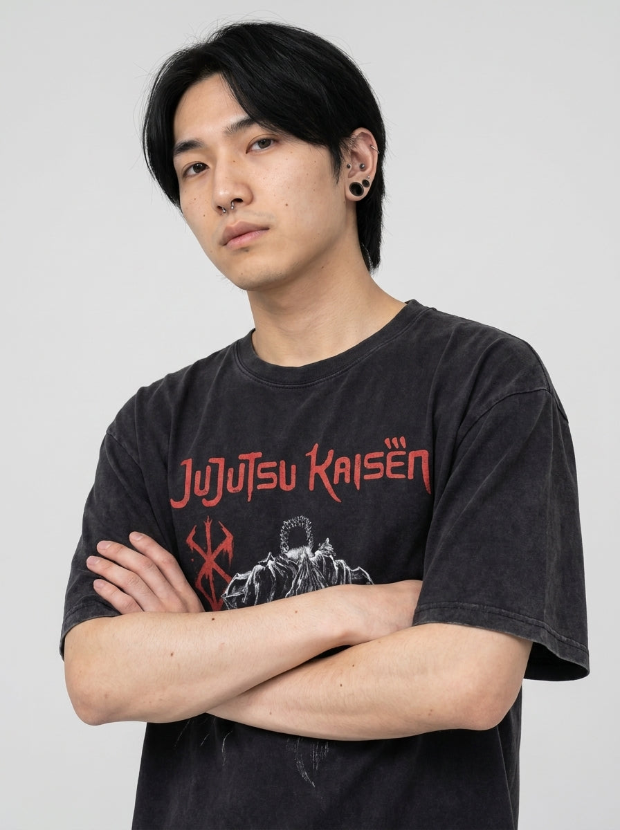 Vintage Oversized Jujutsu Kaisen Graphic Tee on model arms crossed — washed black t-shirt | Tempus Arc premium anime streetwear