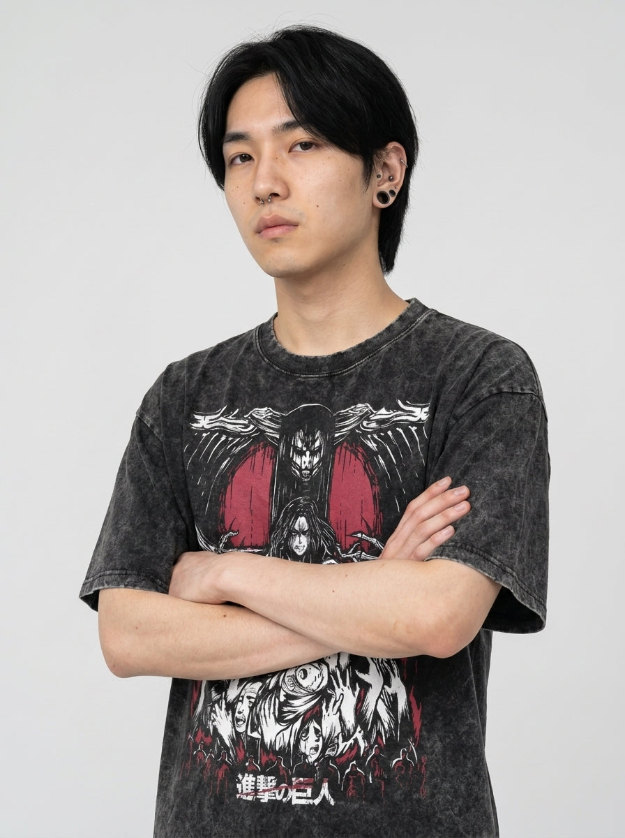 Vintage Oversized Jujutsu Kaisen Graphic Tee on model arms crossed — washed black t-shirt | Tempus Arc premium anime streetwear
