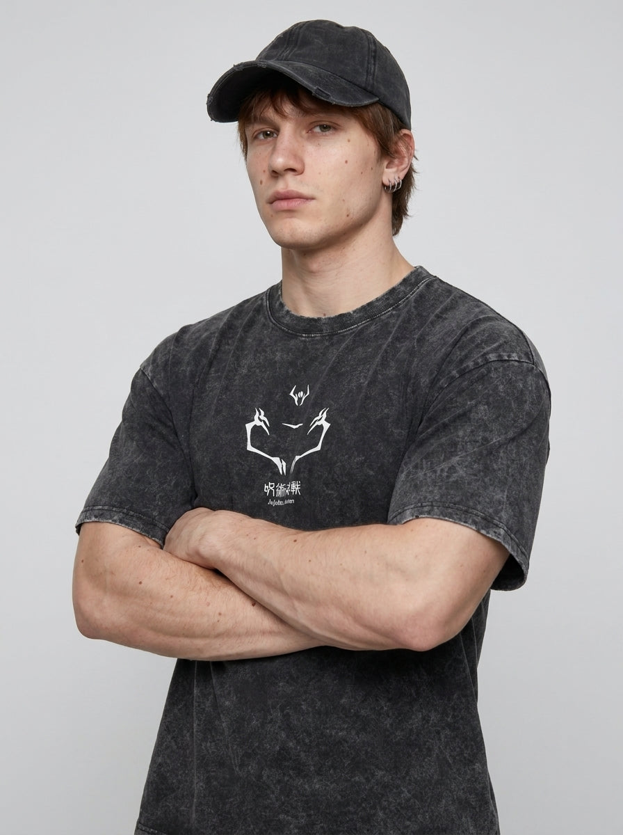 Vintage Oversized Jujutsu Kaisen Graphic Tee on model arms crossed — washed black t-shirt | Tempus Arc premium anime streetwear