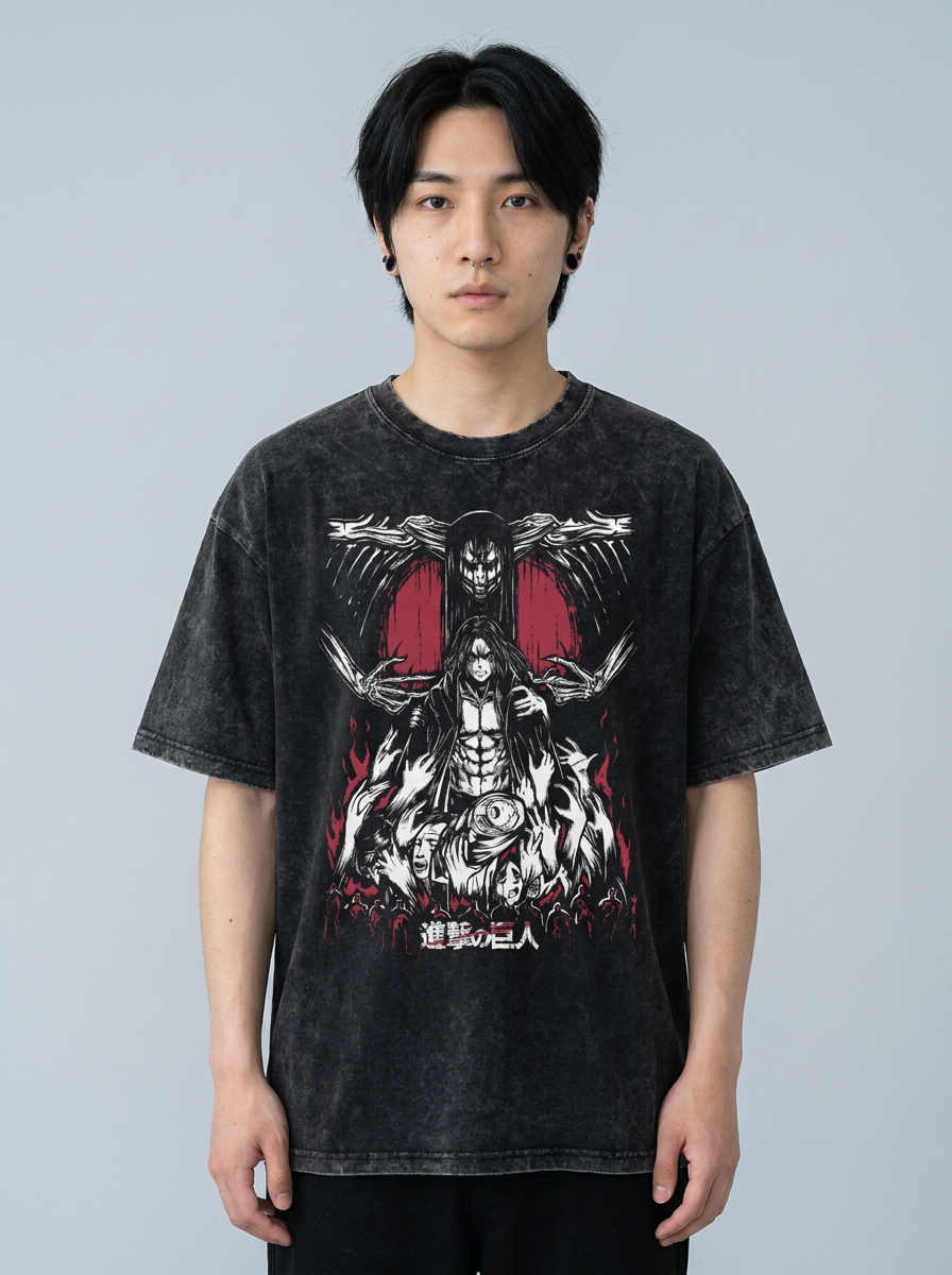 Vintage Oversized Jujutsu Kaisen Graphic Tee model frontal central — washed black t-shirt | Tempus Arc premium anime streetwear