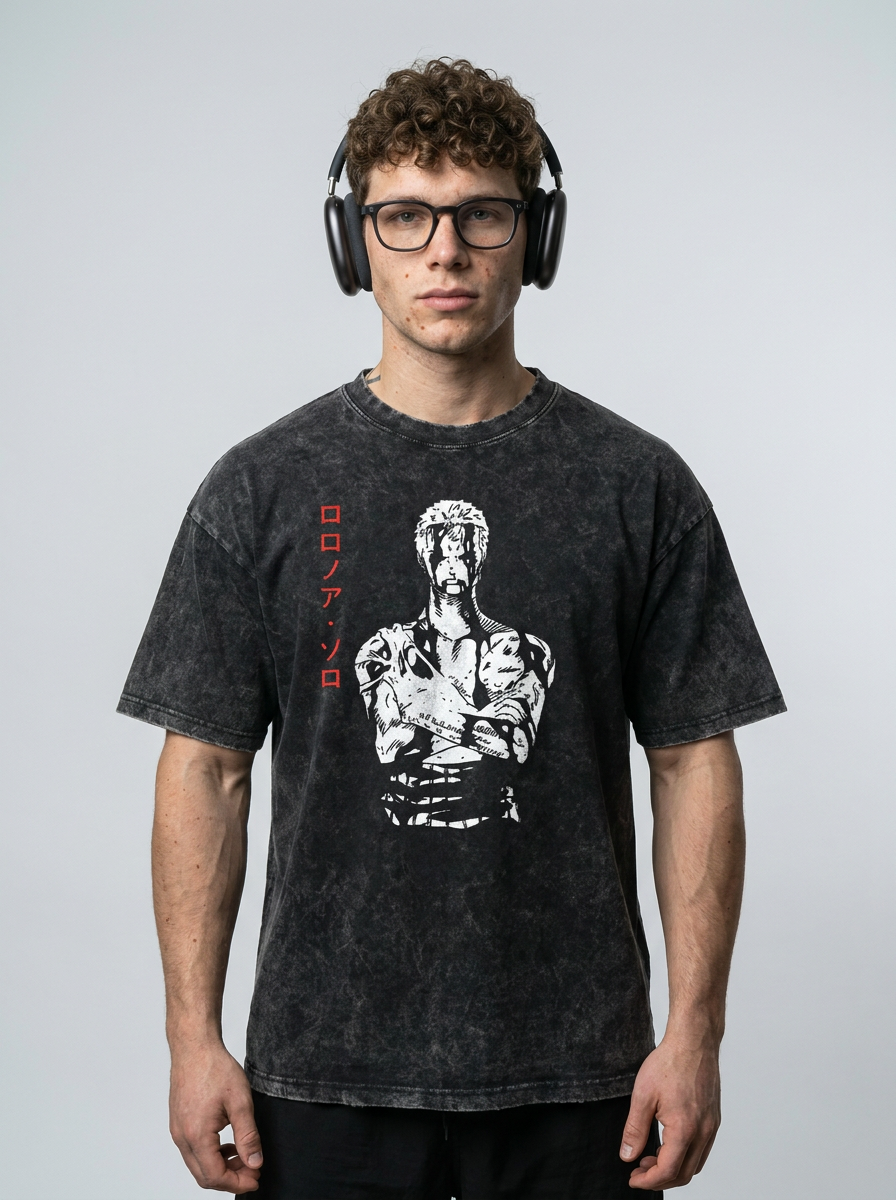Vintage Oversized Jujutsu Kaisen Graphic Tee model frontal central — washed black t-shirt | Tempus Arc premium anime streetwear