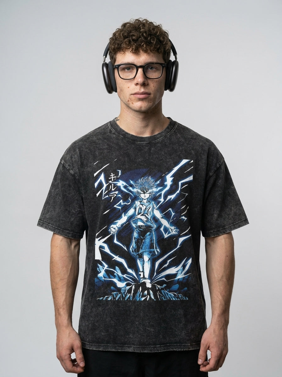 Vintage Oversized Jujutsu Kaisen Graphic Tee model frontal central — washed black t-shirt | Tempus Arc premium anime streetwear
