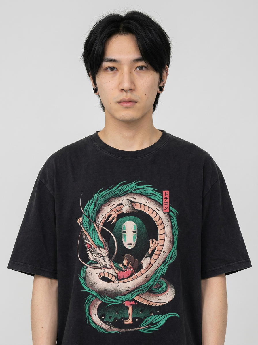 Vintage Oversized Jujutsu Kaisen Graphic Tee model frontal central — washed black t-shirt | Tempus Arc premium anime streetwear