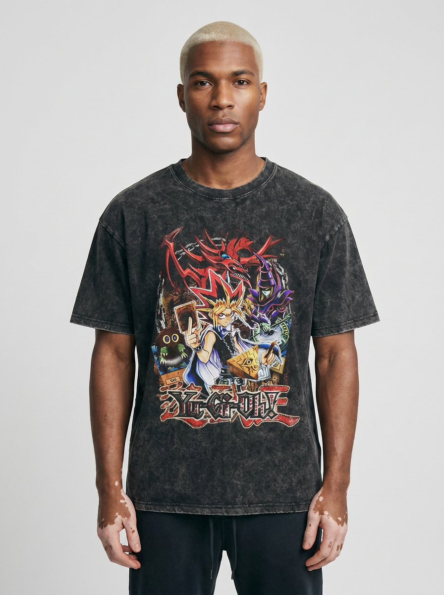 Vintage Oversized Jujutsu Kaisen Graphic Tee model frontal central — washed black t-shirt | Tempus Arc premium anime streetwear