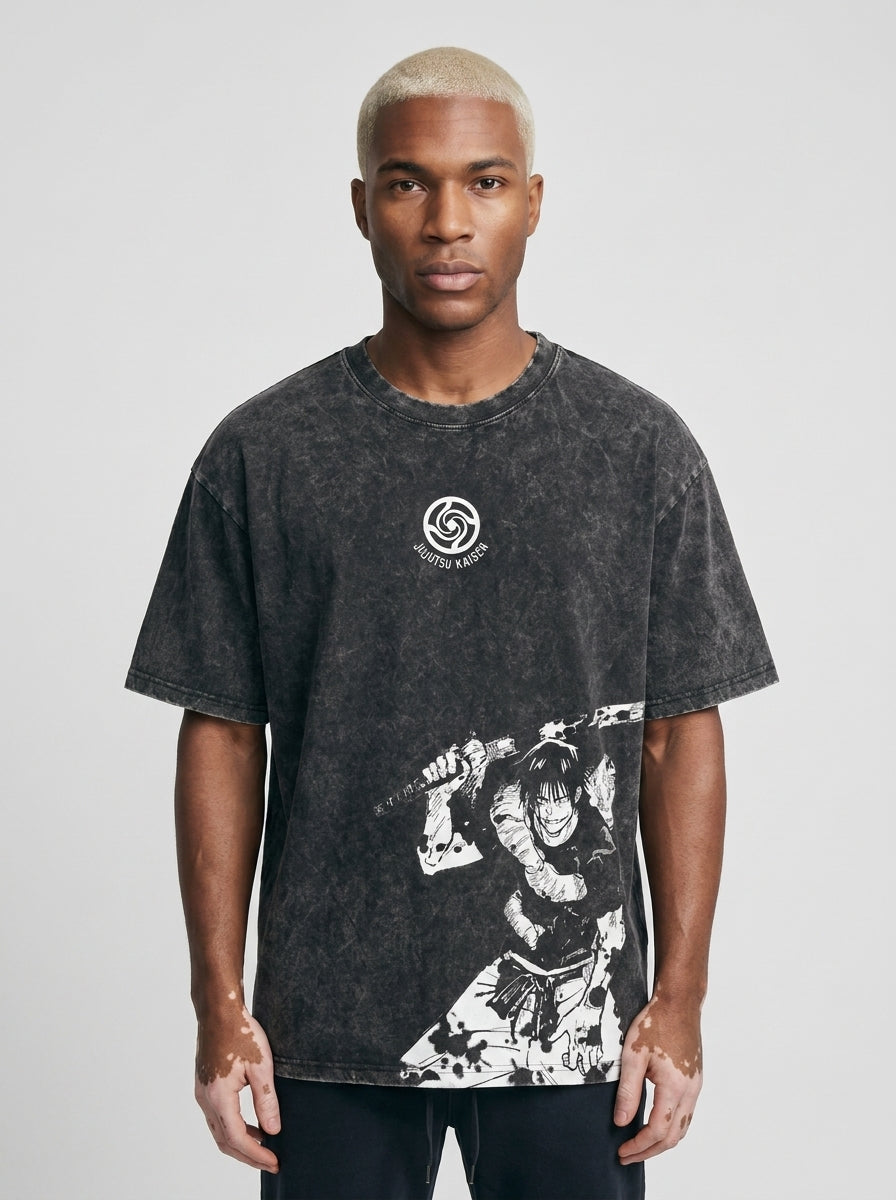 Vintage Oversized Jujutsu Kaisen Graphic Tee model frontal central — washed black t-shirt | Tempus Arc premium anime streetwear