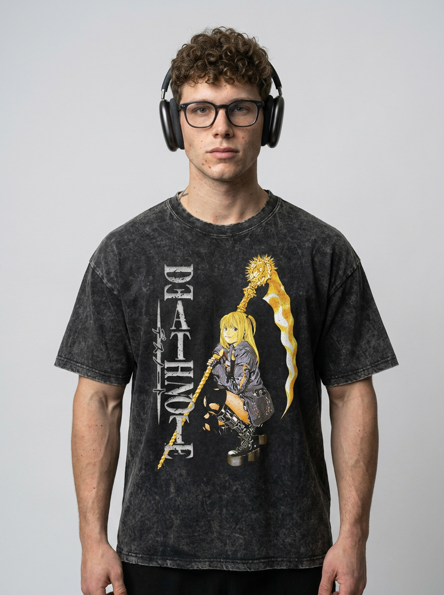 Vintage Oversized Jujutsu Kaisen Graphic Tee model frontal central — washed black t-shirt | Tempus Arc premium anime streetwear