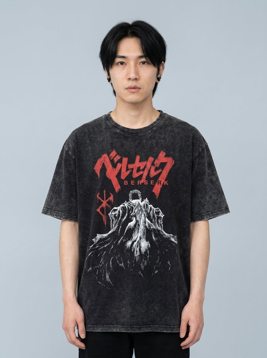 Vintage Oversized Jujutsu Kaisen Graphic Tee model frontal central — washed black t-shirt | Tempus Arc premium anime streetwear