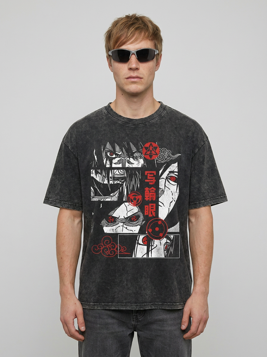 Vintage Oversized Jujutsu Kaisen Graphic Tee model frontal central — washed black t-shirt | Tempus Arc premium anime streetwear