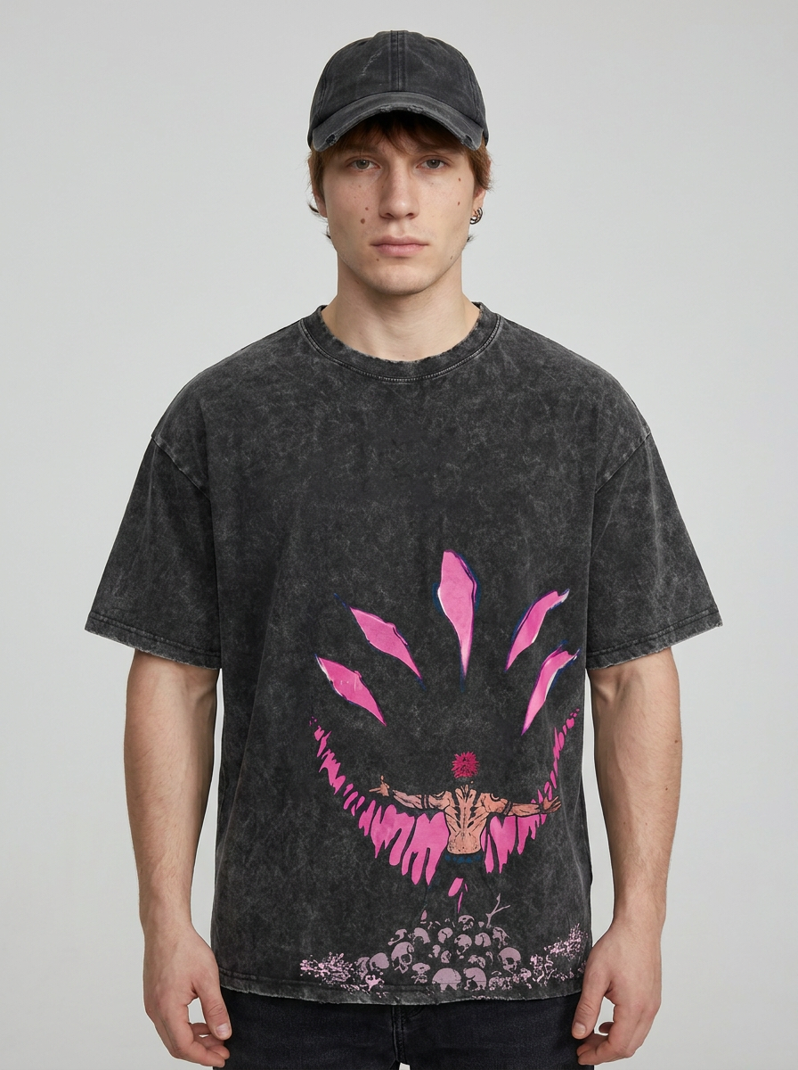 Vintage Oversized Jujutsu Kaisen Graphic Tee model frontal central — washed black t-shirt | Tempus Arc premium anime streetwear