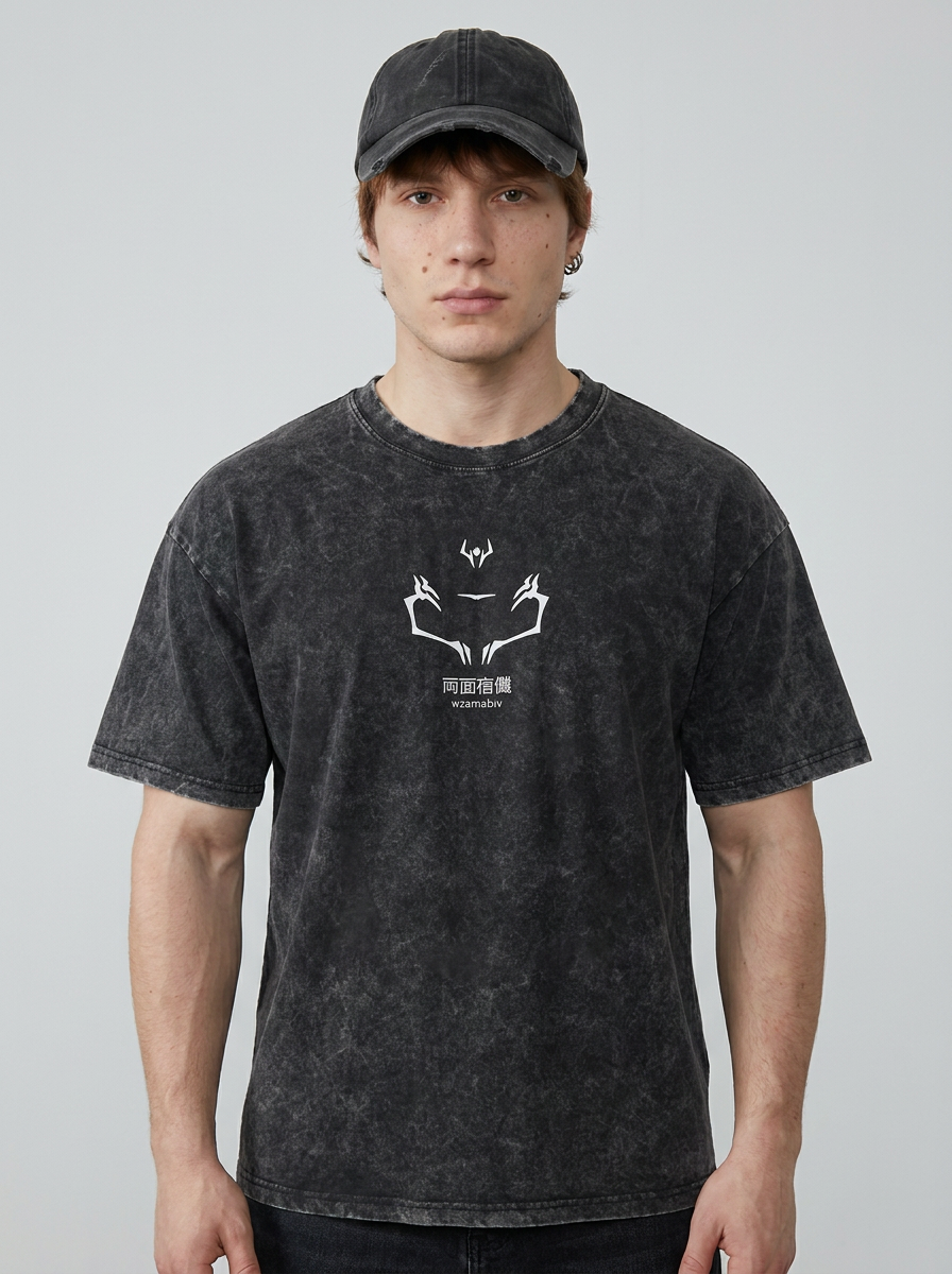 Vintage Oversized Jujutsu Kaisen Graphic Tee model frontal central — washed black t-shirt | Tempus Arc premium anime streetwear