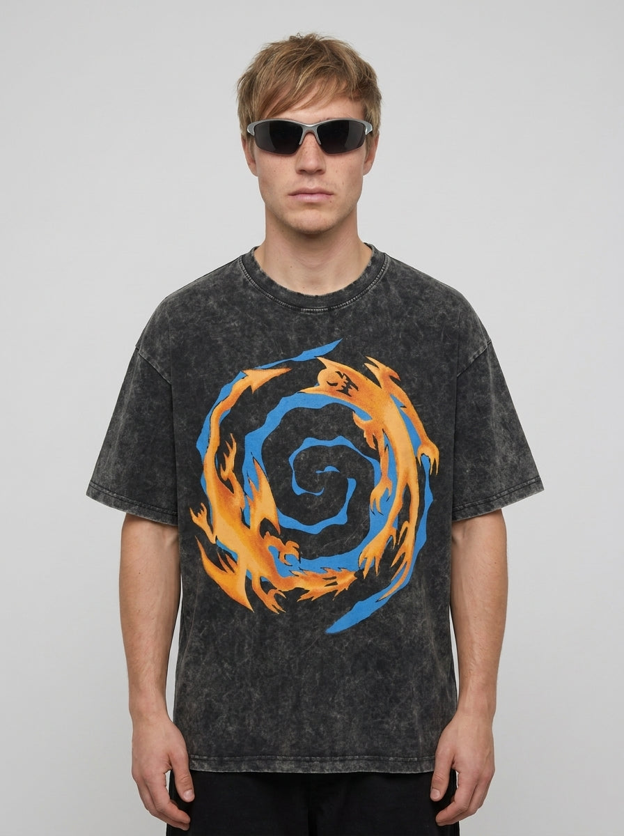 Vintage Oversized Jujutsu Kaisen Graphic Tee model frontal central — washed black t-shirt | Tempus Arc premium anime streetwear