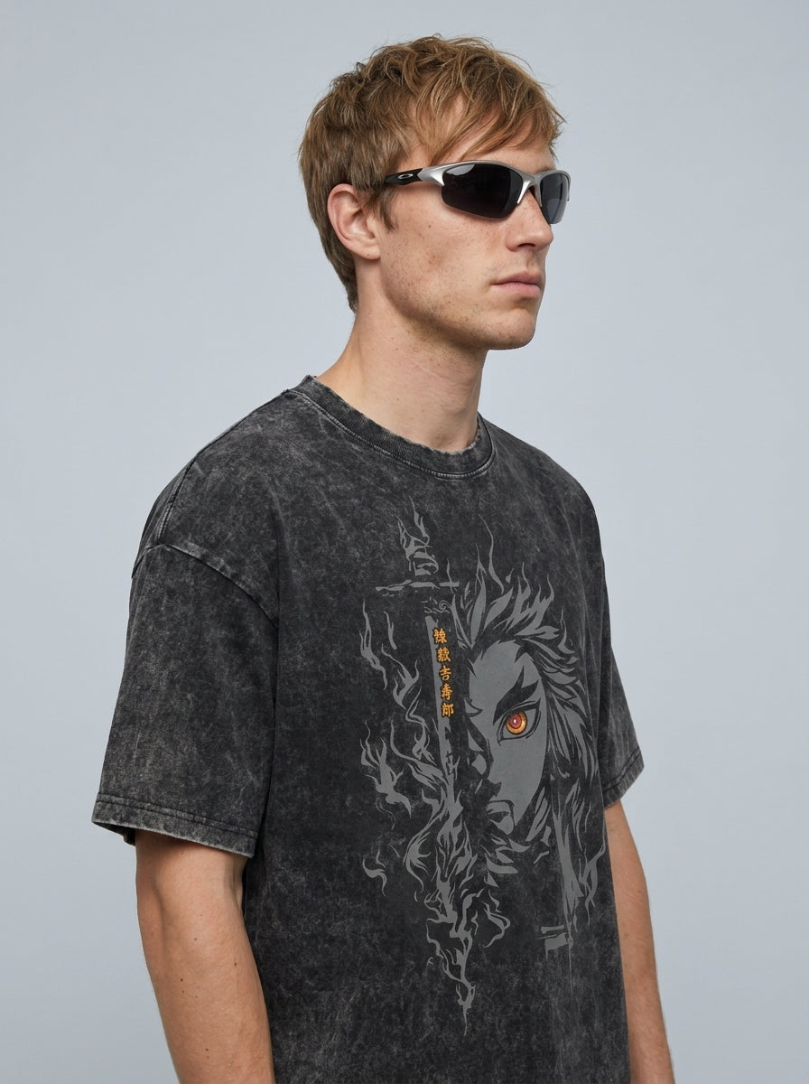 Vintage Oversized Jujutsu Kaisen Graphic Tee model lateral 3/4 — oversized washed cotton t-shirt | Tempus Arc premium anime streetwear