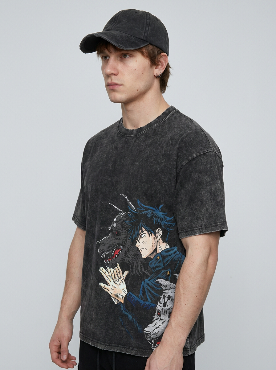 Vintage Oversized Jujutsu Kaisen Graphic Tee model lateral 3/4 — oversized washed cotton t-shirt | Tempus Arc premium anime streetwear