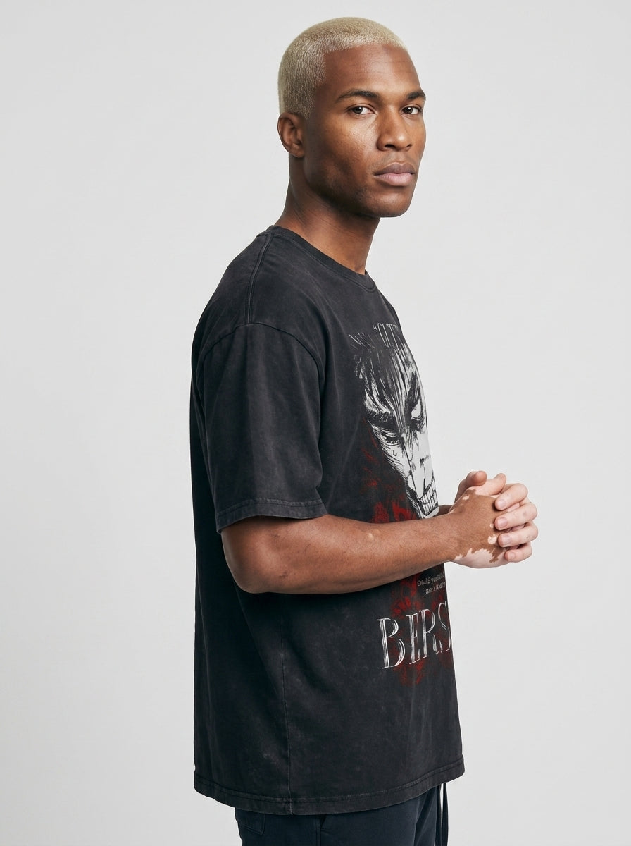 Vintage Oversized Jujutsu Kaisen Graphic Tee model lateral 3/4 — oversized washed cotton t-shirt | Tempus Arc premium anime streetwear
