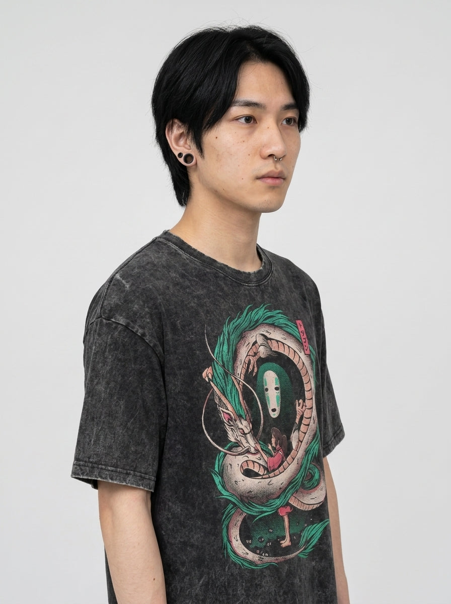 Vintage Oversized Jujutsu Kaisen Graphic Tee model lateral 3/4 — oversized washed cotton t-shirt | Tempus Arc premium anime streetwear