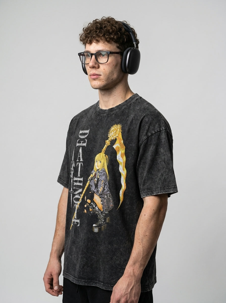 Vintage Oversized Jujutsu Kaisen Graphic Tee model lateral 3/4 — oversized washed cotton t-shirt | Tempus Arc premium anime streetwear