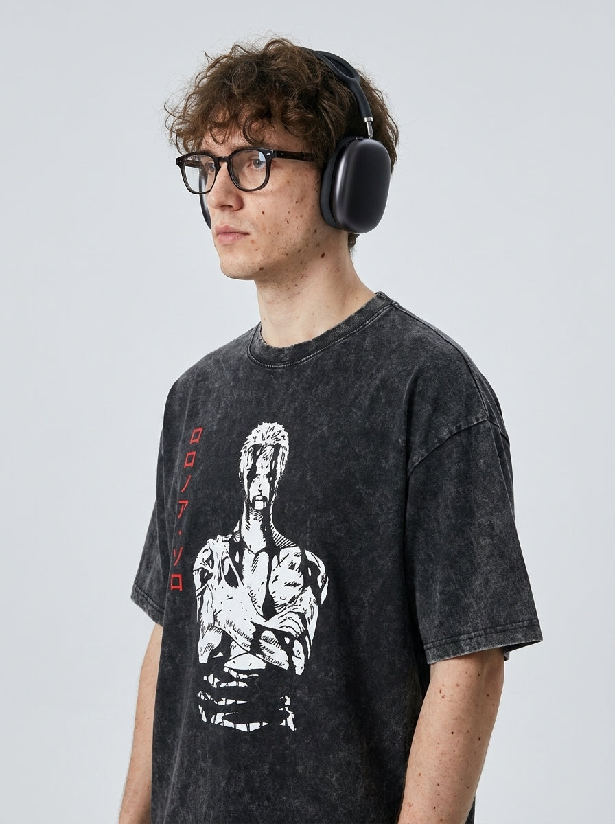 Vintage Oversized Jujutsu Kaisen Graphic Tee model lateral 3/4 — oversized washed cotton t-shirt | Tempus Arc premium anime streetwear