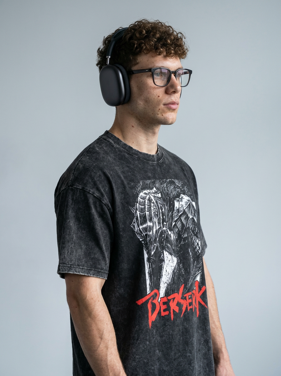 Vintage Oversized Jujutsu Kaisen Graphic Tee model lateral 3/4 — oversized washed cotton t-shirt | Tempus Arc premium anime streetwear
