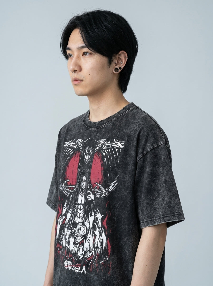 Vintage Oversized Jujutsu Kaisen Graphic Tee model lateral 3/4 — oversized washed cotton t-shirt | Tempus Arc premium anime streetwear