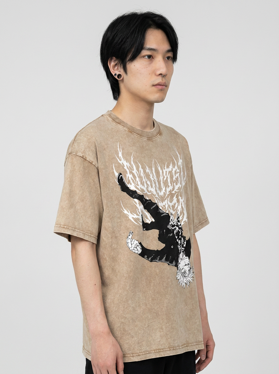 Vintage Oversized Jujutsu Kaisen Graphic Tee model lateral 3/4 — oversized washed cotton t-shirt | Tempus Arc premium anime streetwear