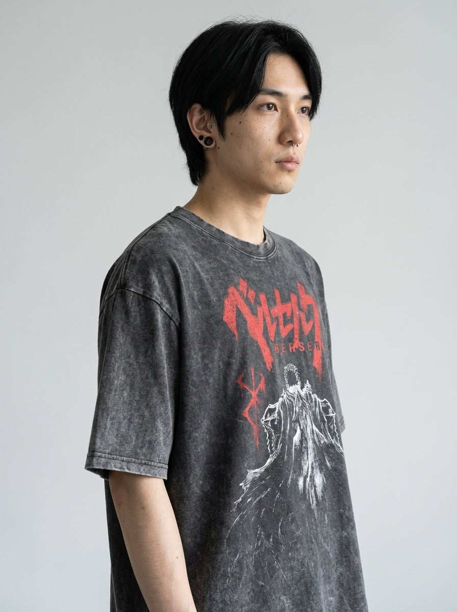 Vintage Oversized Jujutsu Kaisen Graphic Tee model lateral 3/4 — oversized washed cotton t-shirt | Tempus Arc premium anime streetwear