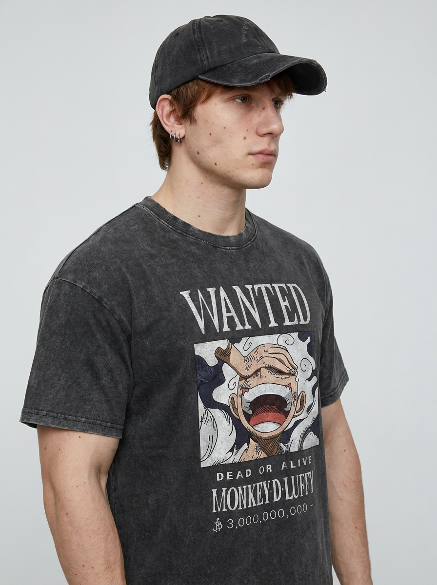 Vintage Oversized Jujutsu Kaisen Graphic Tee model lateral 3/4 — oversized washed cotton t-shirt | Tempus Arc premium anime streetwear