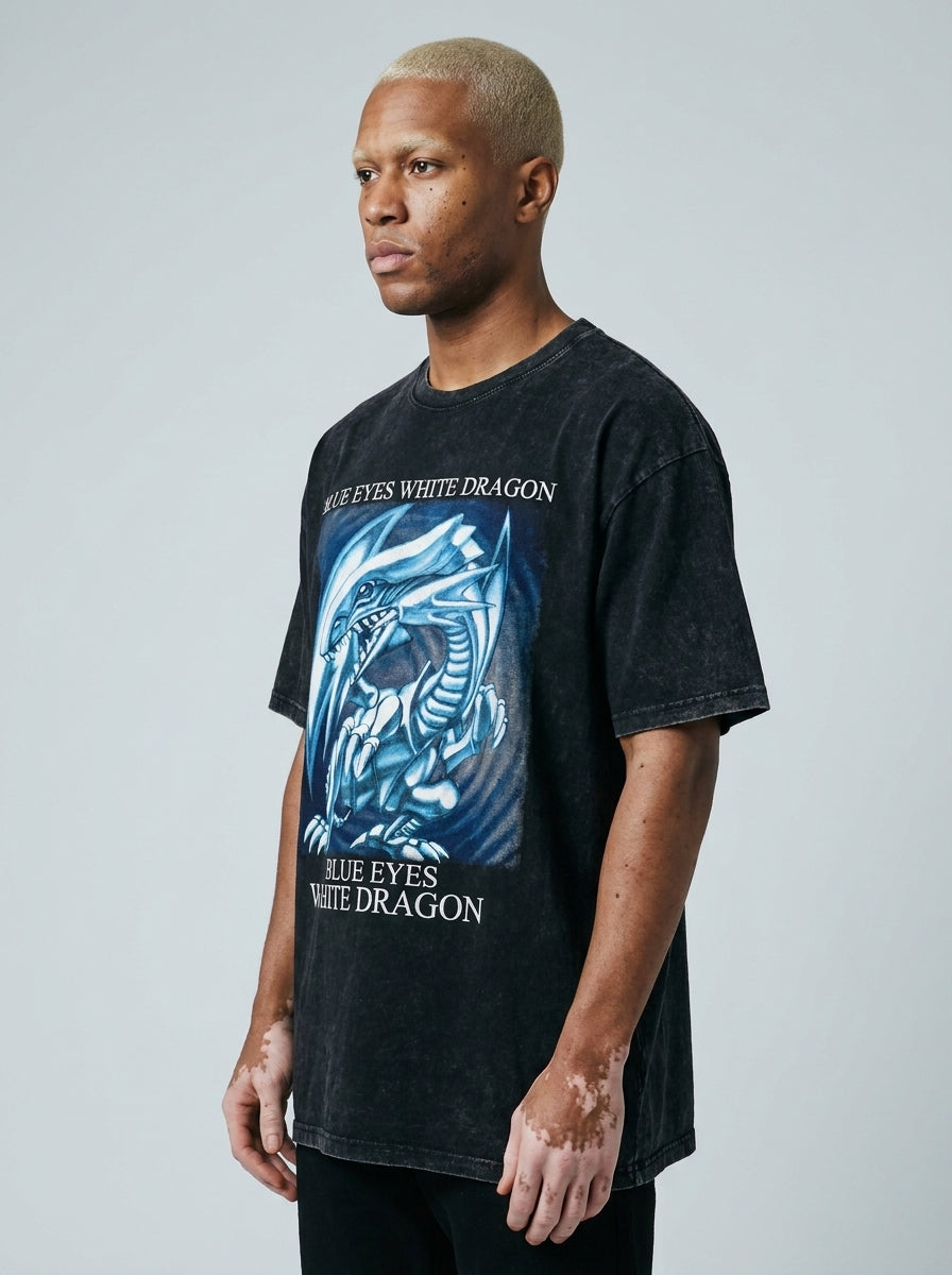Vintage Oversized Jujutsu Kaisen Graphic Tee model lateral 3/4 — oversized washed cotton t-shirt | Tempus Arc premium anime streetwear