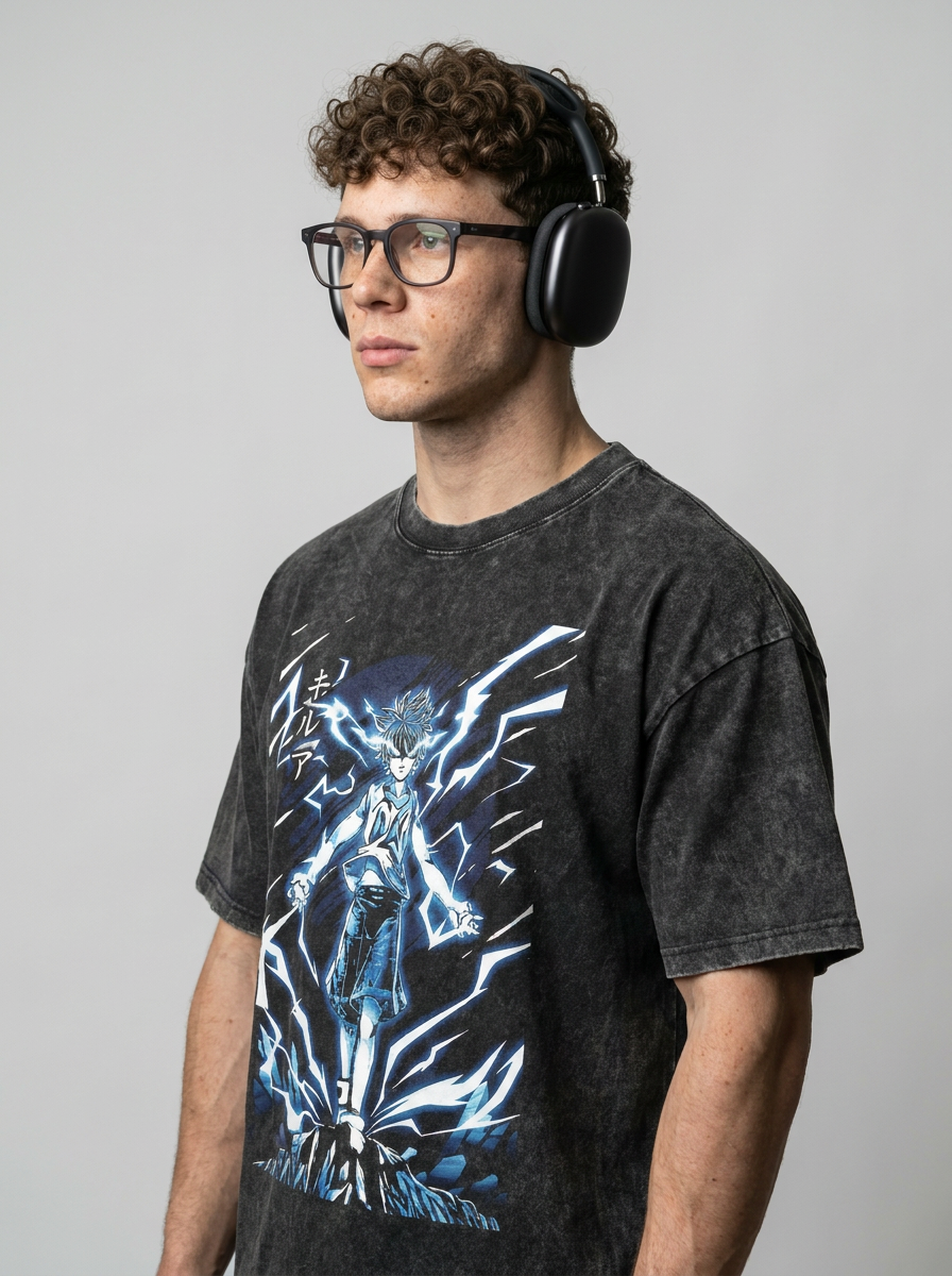 Vintage Oversized Jujutsu Kaisen Graphic Tee model lateral 3/4 — oversized washed cotton t-shirt | Tempus Arc premium anime streetwear