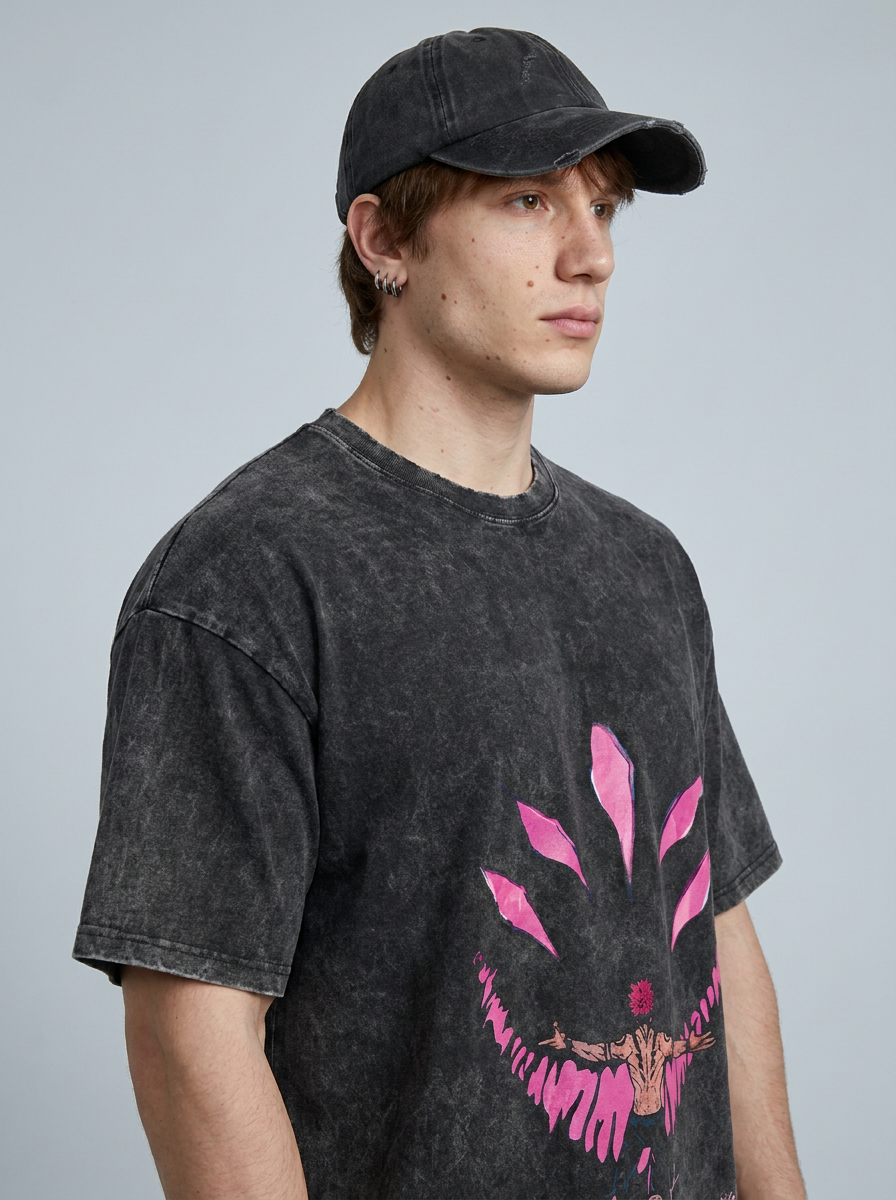 Vintage Oversized Jujutsu Kaisen Graphic Tee model lateral 3/4 — oversized washed cotton t-shirt | Tempus Arc premium anime streetwear